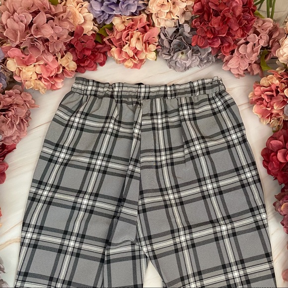 Black Gray and White Plaid Slim Fit Drawstring Trousers - Picture 12 of 16